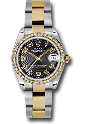Rolex Steel and Yellow Gold Datejust 31 Watch - 46 Diamond Bezel - Black Concentric Circle Arabic Dial - Oyster Bracelet - 178383