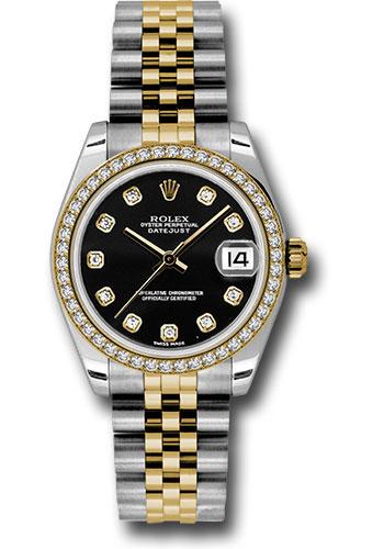 Rolex Steel and Yellow Gold Datejust 31 Watch - 46 Diamond Bezel - Black Diamond Dial - Jubilee Bracelet - 178383