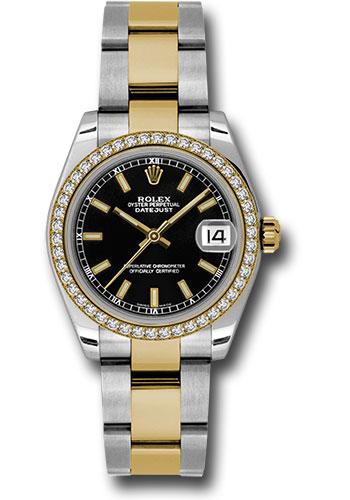 Rolex Steel and Yellow Gold Datejust 31 Watch - 46 Diamond Bezel - Black Index Dial - Oyster Bracelet - 178383