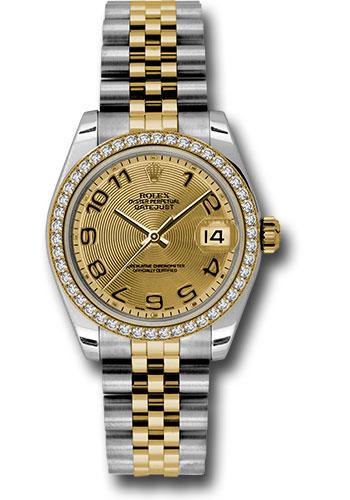 Rolex Steel and Yellow Gold Datejust 31 Watch - 46 Diamond Bezel - Champagne Concentric Circle Arabic Dial - Jubilee Bracelet - 178383