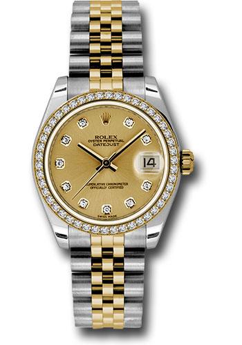 Rolex Steel and Yellow Gold Datejust 31 Watch - 46 Diamond Bezel - Champagne Diamond Dial - Jubilee Bracelet - 178383