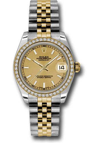 Rolex Steel and Yellow Gold Datejust 31 Watch - 46 Diamond Bezel - Champagne Index Dial - Jubilee Bracelet - 178383