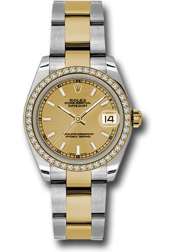 Rolex Steel and Yellow Gold Datejust 31 Watch - 46 Diamond Bezel - Champagne Index Dial - Oyster Bracelet - 178383