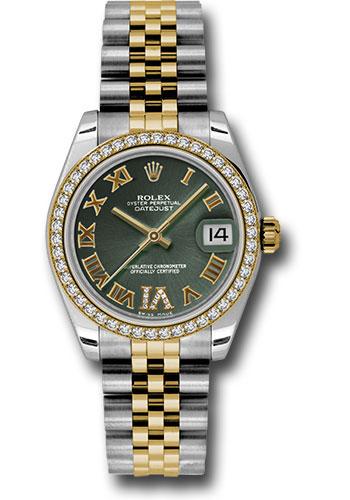 Rolex Steel and Yellow Gold Datejust 31 Watch - 46 Diamond Bezel - Olive Green Diamond Roman Vi Roman Dial - Jubilee Bracelet - 178383