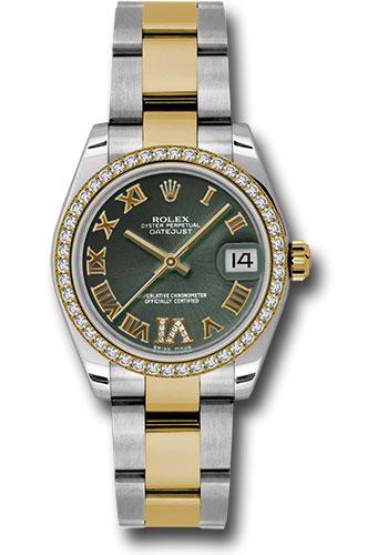 Rolex Steel and Yellow Gold Datejust 31 Watch - 46 Diamond Bezel - Olive Green Diamond Roman Vi Roman Dial - Oyster Bracelet - 178383