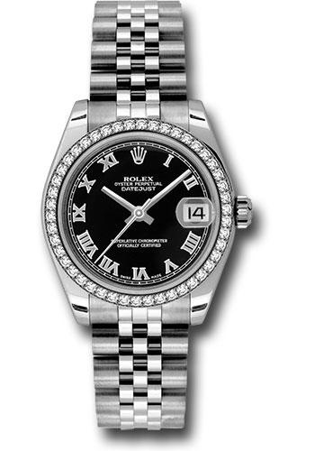 Rolex Steel and White Gold Datejust 31 Watch - 46 Diamond Bezel - Black Roman Dial - Jubilee Bracelet - 178384