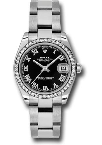 Rolex Steel and White Gold Datejust 31 Watch - 46 Diamond Bezel - Black Roman Dial - Oyster Bracelet - 178384