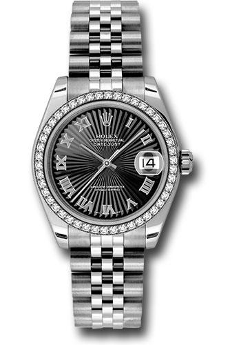Rolex Steel and White Gold Datejust 31 Watch - 46 Diamond Bezel - Black Sunbeam Roman Dial - Jubilee Bracelet - 178384