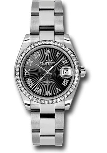 Rolex Steel and White Gold Datejust 31 Watch - 46 Diamond Bezel - Black Sunbeam Roman Dial - Oyster Bracelet - 178384