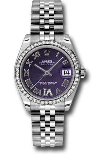 Rolex Steel and White Gold Datejust 31 Watch - 46 Diamond Bezel - Purple Diamond Roman Vi Roman Dial - Jubilee Bracelet - 178384
