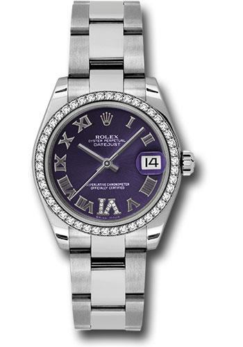 Rolex Steel and White Gold Datejust 31 Watch - 46 Diamond Bezel - Purple Diamond Roman Vi Roman Dial - Oyster Bracelet - 178384