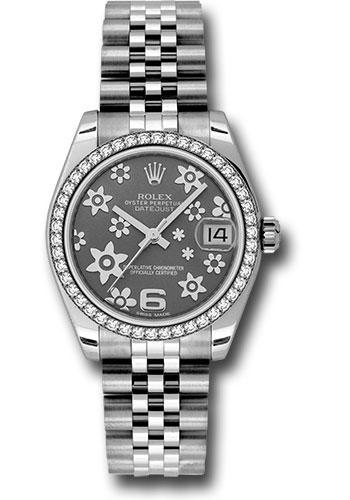 Rolex Steel and White Gold Datejust 31 Watch - 46 Diamond Bezel - Dark Rhodium Floral Motif Arabic 6 Dial - Jubilee Bracelet - 178384