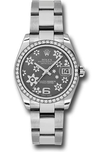 Rolex Steel and White Gold Datejust 31 Watch - 46 Diamond Bezel - Dark Rhodium Floral Motif Arabic 6 Dial - Oyster Bracelet - 178384