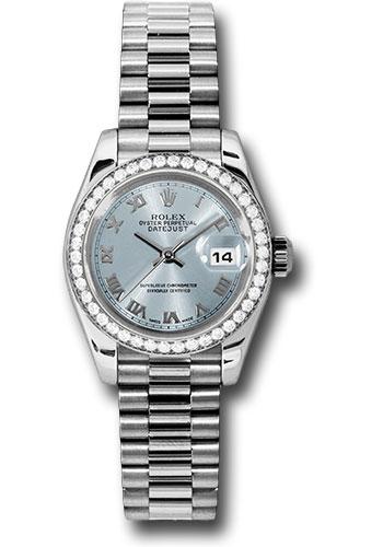 Rolex Platinum Lady-Datejust 26 Watch - 42 Diamond Bezel - Ice Blue Roman Dial - President Bracelet - 179136