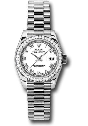 Rolex Platinum Lady-Datejust 26 Watch - 42 Diamond Bezel - White Roman Dial - President Bracelet - 179136