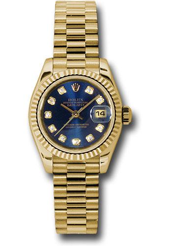 Rolex Yellow Gold Lady-Datejust 26 Watch - Fluted Bezel - Blue Diamond Dial - President Bracelet - 179178