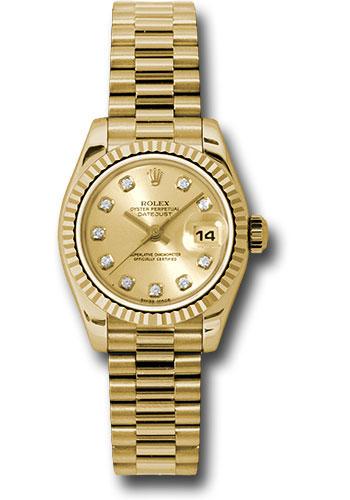 Rolex Yellow Gold Lady-Datejust 26 Watch - Fluted Bezel - Champagne Diamond Dial - President Bracelet - 179178