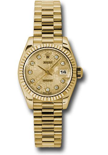 Rolex Yellow Gold Lady-Datejust 26 Watch - Fluted Bezel - Champagne Jubilee Diamond Dial - President Bracelet - 179178