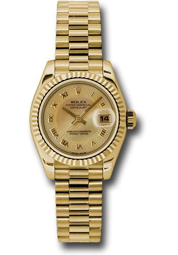 Rolex Yellow Gold Lady-Datejust 26 Watch - Fluted Bezel - Champagne Decorated Mother-Of-Pearl Roman Dial - President Bracelet - 179178