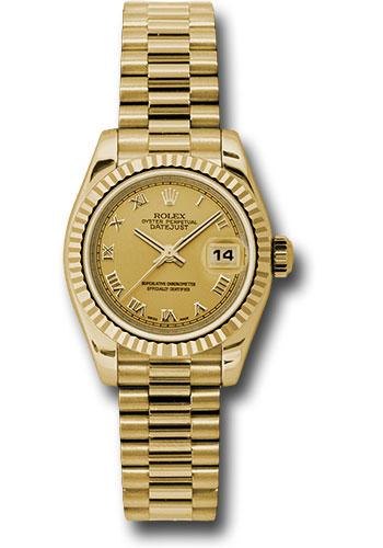 Rolex Yellow Gold Lady-Datejust 26 Watch - Fluted Bezel - Champagne Roman Dial - President Bracelet - 179178