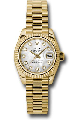Rolex Yellow Gold Lady-Datejust 26 Watch - Fluted Bezel - Mother-Of-Pearl Diamond Dial - President Bracelet - 179178