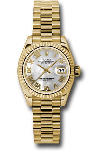 Rolex Yellow Gold Lady-Datejust 26 Watch - Fluted Bezel - Mother-Of-Pearl Roman Dial - President Bracelet - 179178