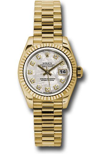 Rolex Yellow Gold Lady-Datejust 26 Watch - Fluted Bezel - Meteorite Diamond Dial - President Bracelet - 179178