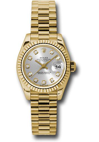 Rolex Yellow Gold Lady-Datejust 26 Watch - Fluted Bezel - Silver Diamond Dial - President Bracelet - 179178
