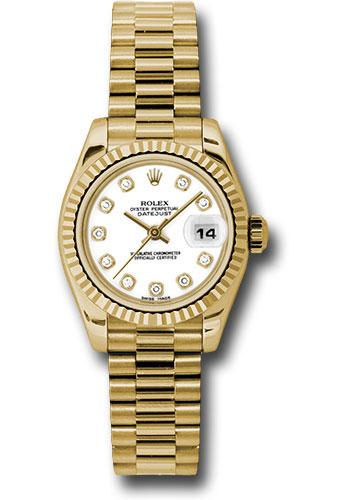Rolex Yellow Gold Lady-Datejust 26 Watch - Fluted Bezel - White Diamond Dial - President Bracelet - 179178