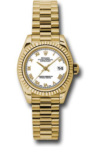 Rolex Yellow Gold Lady-Datejust 26 Watch - Fluted Bezel - White Roman Dial - President Bracelet - 179178