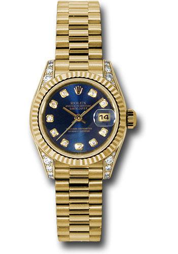 Rolex Yellow Gold Lady-Datejust 26 Watch - Fluted Bezel - Blue Diamond Dial - President Bracelet - 179238