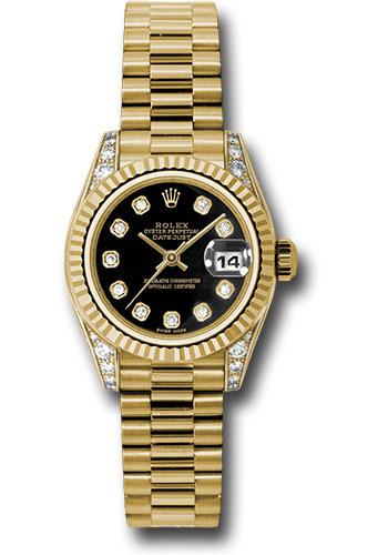 Rolex Yellow Gold Lady-Datejust 26 Watch - Fluted Bezel - Black Diamond Dial - President Bracelet - 179238