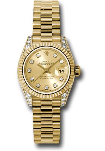 Rolex Yellow Gold Lady-Datejust 26 Watch - Fluted Bezel - Champagne Diamond Dial - President Bracelet - 179238