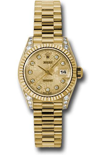 Rolex Yellow Gold Lady-Datejust 26 Watch - Fluted Bezel - Champagne Jubilee Diamond Dial - President Bracelet - 179238
