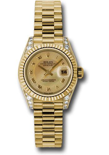 Rolex Yellow Gold Lady-Datejust 26 Watch - Fluted Bezel - Champagne Decorated Mother-Of-Pearl Roman Dial - President Bracelet - 179238