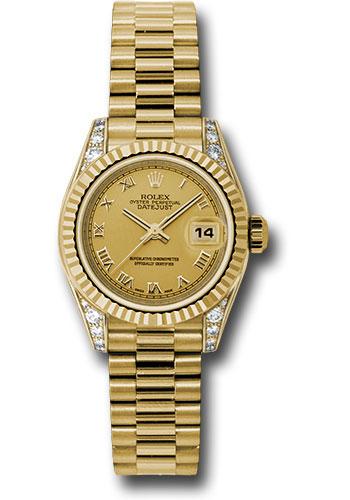 Rolex Yellow Gold Lady-Datejust 26 Watch - Fluted Bezel - Champagne Roman Dial - President Bracelet - 179238