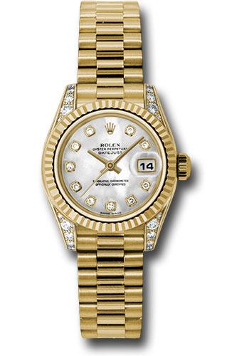 Rolex Yellow Gold Lady-Datejust 26 Watch - Fluted Bezel - Mother-Of-Pearl Diamond Dial - President Bracelet - 179238