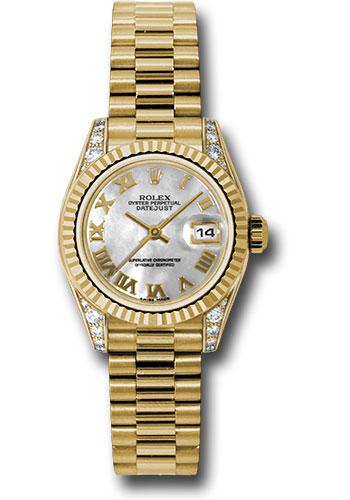 Rolex Yellow Gold Lady-Datejust 26 Watch - Fluted Bezel - Mother-Of-Pearl Roman Dial - President Bracelet - 179238