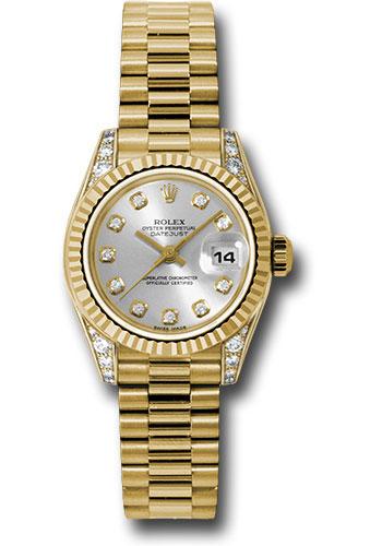 Rolex Yellow Gold Lady-Datejust 26 Watch - Fluted Bezel - Silver Diamond Dial - President Bracelet - 179238