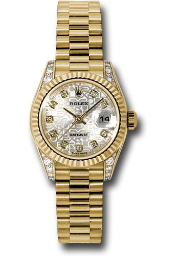 Rolex Yellow Gold Lady-Datejust 26 Watch - Fluted Bezel - Silver Jubilee Diamond Dial - President Bracelet - 179238