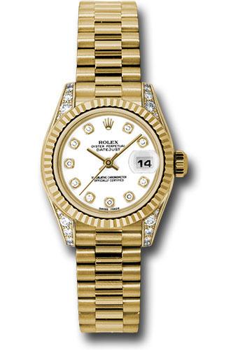 Rolex Yellow Gold Lady-Datejust 26 Watch - Fluted Bezel - White Diamond Dial - President Bracelet - 179238