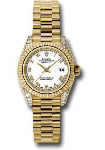Rolex Yellow Gold Lady-Datejust 26 Watch - Fluted Bezel - White Roman Dial - President Bracelet - 179238