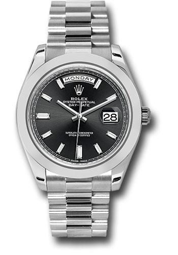 Rolex 950 Platinum Day-Date 40 Watch - Smooth Bezel - Black Baguette Diamond Dial - President Bracelet - 228206