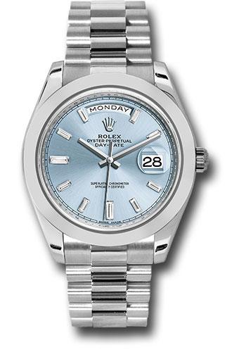 Rolex 950 Platinum Day-Date 40 Watch - Smooth Bezel - Ice Blue Baguette Diamond Dial - President Bracelet - 228206