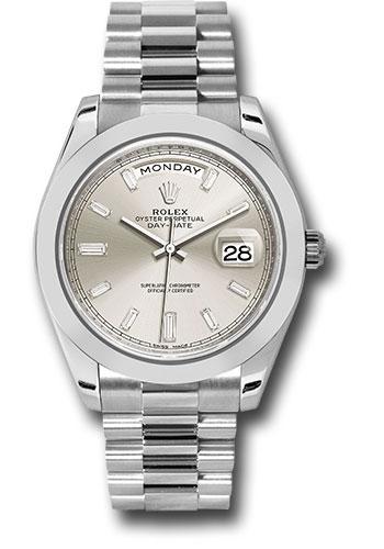 Rolex 950 Platinum Day-Date 40 Watch - Smooth Bezel - Silver Baguette Diamond Dial - President Bracelet - 228206
