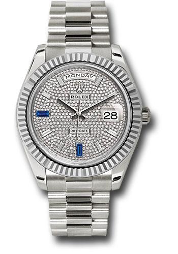 Rolex White Gold Day-Date 40 Watch - Fluted Bezel - Diamond Paved Baguette Diamond Dial - President Bracelet - 228239