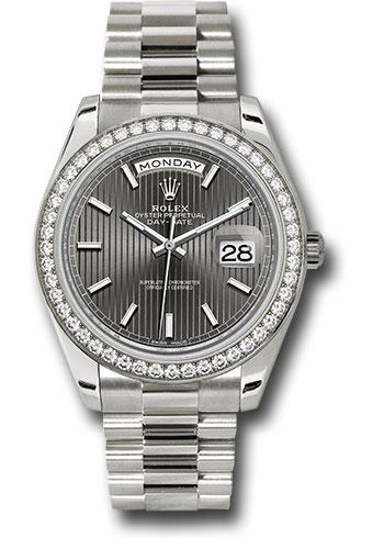 Rolex Day-Date 40 228349RBR with dark rhodium stripe motif index dial