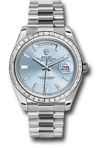 Rolex 950 Platinum Day-Date 40 Watch -  Bezel - Ice Blue Baguette Diamond Dial - President Bracelet - 228396TBR