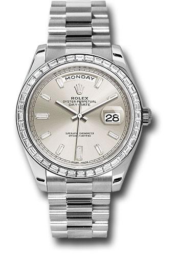 Rolex 950 Platinum Day-Date 40 Watch -  Bezel - Silver Baguette Diamond Dial - President Bracelet - 228396TBR