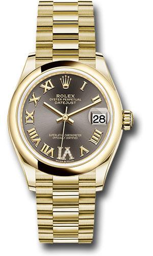 Rolex Yellow Gold Datejust 31 Watch - Domed Bezel - Dark Grey Diamond Six Dial - President Bracelet - 278248